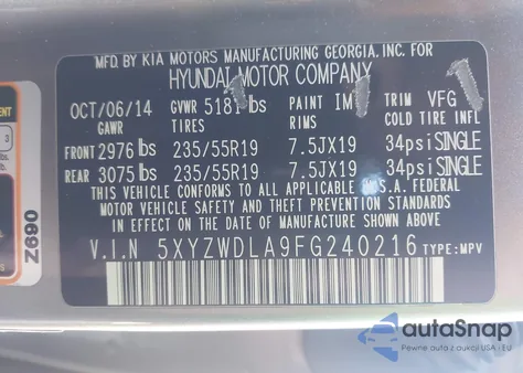 2015 Hyundai Santa Fe Sport 2.0L Turbo from USA, damaged, VIN 5XYZWDLA9FG240216